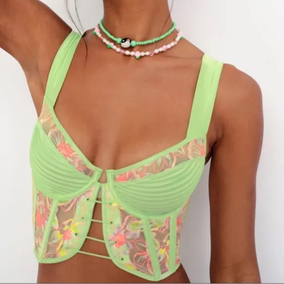 New! For Love And Lemons electric fields Green Floral Lace Bra 1868 - Picture 8 of 11